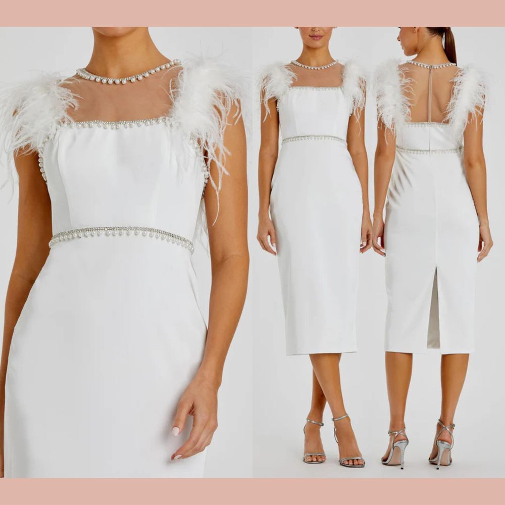 NEW Mac‎ Duggal [ 8 ] 11438 Feather Cap Sleeve Pearl Embellished Dress White